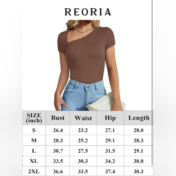 Medium brown REORIA Asymmetrical Neck Long Sleeve Ribbed Slimming Thong Bodysuit - Picture 4 of 4